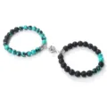 Ensemble de bracelets de couple magnétiques avec perles de turquoise et de pierre de lave noire. - Lave Vert Turquoise