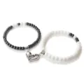 Black and white couple magnetic heart pendant beaded bracelet set for sweet daily wear - White Porcelain Hematite