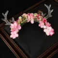 Forest style deer antler flower headband with pink floral and clear resin antlers for festival. - Pink Small