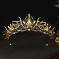 Gothic gold antler crown detail, vintage dark style tiara with purple and black rhinestones. - Antique Purple