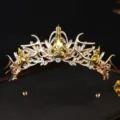 Gothic gold antler tiara crown rhinestone bridal Halloween hair accessory statement vintage headpiece - Gold White