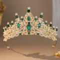 Stunning gold rhinestone crown detail, elegant green and white crystal tiara for bridal wedding. - Gold Green