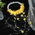 Daisy floral hairband with pearl tassels, ideal for bridal wedding and beach vacation photos. - Daisy Tassel Hair Band / Yellow