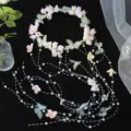 Handmade floral pearl headband bridal hair accessory with butterfly tassel wedding hairpiece for women. - Pink