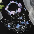 Bridal floral headband with purple flowers blue butterflies and pearl hair tassels for wedding. - Purple