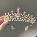 Bridal rhinestone tiara comb gold crown princess wedding hair accessory hair jewelry - Gold with Pink Zirconia