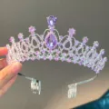 Close-up detail of the silver rhinestone crown tiara with purple crystals for party wear. - Silver with Purple Crystal