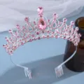 Exquisite silver pink rhinestone crown tiara detail, perfect for bridal wedding hair accessories. - Silver with Pink Rhinestone