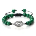 Bracelet Macrame Mauvais Œil avec Perles de Pierre Verte Réglable Bijoux Tissés - Malachite Argent