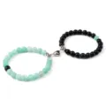 Couple magnetic distance stone bead bracelet set with heart clasp for lovers and best friends. - Matte Weathered Green Stone