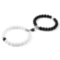 Couple magnetic attraction black and white bead bracelet stainless steel heart clasp jewelry. - Glossy White Porcelain