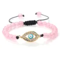 Bracelet de perles roses avec charm œil maléfique doré, cordon réglable bijoux en cristal. - Quartz Rose (Mauvais Oeil Doré)