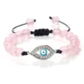 Joli bracelet en perles roses œil maléfique avec charm argenté strass et cordon réglable. - Quartz Rose (Mauvais Oeil Argenté)