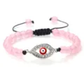 Bracelet de perles roses avec pendentif œil maléfique en strass et cordon noir réglable. - Quartz rose Argent