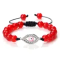 Bracelet de perles rouges avec breloque œil diable rose strass cordon réglable bijoux - Agate Rouge (Mauvais Oeil Argenté)