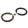Magnetic couple beaded bracelet set with tiger eye and matte black stones for matching. - Matte Tiger Eye