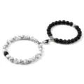 Couple magnetic attraction beaded bracelet set with black and white stone beads for best friends. - Matte Black Vein Turquoise