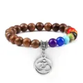 Chakra houten kralen armband met zilveren Om hanger, natuursteen yoga sieraden voor dames en heren. - Houten kralen stijl