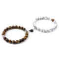 Couple magnetic matching gemstone bracelets set with tiger eye and white turquoise beads. - Veined Turquoise Tiger Eye