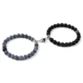 Couple magnetic attraction stone bead bracelet set matching black and cracked agate jewelry - Black Weathered Stone