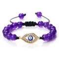 Bracelet perlé violet bohème avec œil maléfique et cordon tressé réglable pour femmes - Améthyste-Or