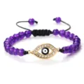 Bracelet de perles en cristal violet avec œil maléfique strass et cordon tissé réglable - Améthyste-Or