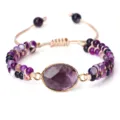 Bracelet Réglable en Perles d'Agate Violette avec Pierre Ovale Centrale et Cordon - Forme Ovale Agate Violette