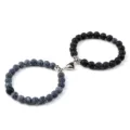Couple magnetic healing stone bead bracelet set with heart clasp matching fashion jewelry - Lava Weathered Black Stone
