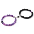 Matching magnetic couple bracelets set with purple crackled stone and black matte bead designs. - Frosted Purple Weathered