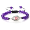Bracelet perles violettes œil maléfique strass rouge réglable bijoux femme tendance. - Améthyste-Argent