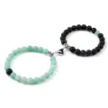 Couple magnetic bracelet set matching stone and black lava beads heart clasp stylish jewelry - Lava Weathered Green Stone