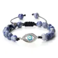 Bracelet perles mauvais œil avec pendentif zircon scintillant et perles naturelles ajustables. - Pierre Tachetée Bleue (Mauvais Oeil Argenté)