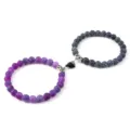Couple magnetic stone beaded bracelets matching jewelry set with heart clasp for lovers best friends - Weathered Black Purple Stone