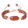 Bracelet tressé en pierre de soleil avec pierre ovale centrale, double rang, ajustable. - Rivière d'Or Forme Ovale