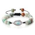 Charmant bracelet de perles mauvais œil avec pierres naturelles rondes et cordon réglable. - Amazonite (Mauvais Oeil Argenté)