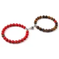Couple magnetic matching beaded bracelet set with heart clasp in red and tiger eye stones. - Red Turquoise & Tiger Eye