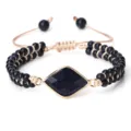 Bracelet tressé réglable à double rang de perles en grès bleu bijoux de mode pour femmes hommes - Rivière d'Or Bleue Losange