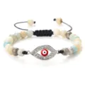 Bracelet tressé amulette mauvais œil avec perles de pierre colorées et strass réglable. - Amazonite Argent
