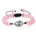 Bracelet en perles d'œil de chat rose avec pendentif œil grec strass et cordon réglable. - Oeil de Chat Rose Argent