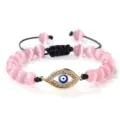 Bracelet en perles de pierre d'œil de chat rose avec breloque mauvais œil dorée femme - Oeil de Chat Rose Or