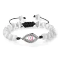 Bracelet œil maléfique rose avec perles blanches et strass brillants pour femmes chic - Oeil de Chat Blanc (Mauvais Oeil Argenté)