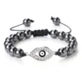 Bracelet tressé en perles noires avec pendentif œil maléfique étincelant pour femmes et hommes. - Hématite Argent