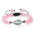 Bracelet Perles Roses Œil Maléfique Zircon Réglable Bijou Chanceux Cadeau pour Femme Fille - Oeil de Chat Rose (Mauvais Oeil Argenté)