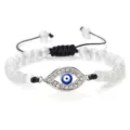Bracelet tressé perles blanches mauvais œil réglable bijou tendance accessoire modèle - Oeil de Chat Blanc Argent