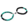 Couple beaded bracelet set with turquoise and black lava stone and magnetic heart clasp. - Lava Turquoise Green