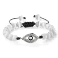 Bracelet de perles en pierre œil de chat blanche fait main avec pendentif mauvais œil brillant. - Oeil de Chat Blanc Argent