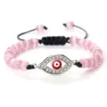 Bracelet de perles roses avec pendentif œil maléfique en strass cordon réglable. - Œil de Chat Rose Argent