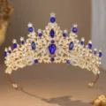 Exquisite gold crystal tiara detail, sparkling blue and clear rhinestones for bridal hair. - Gold Blue