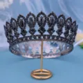 Detailed view of luxury black rhinestone baroque bridal tiara crown for wedding dress and hair. - Gun Black