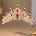 Bridal gold rhinestone tiara crown princess wedding hair accessory elegant hair jewelry - Gold Red